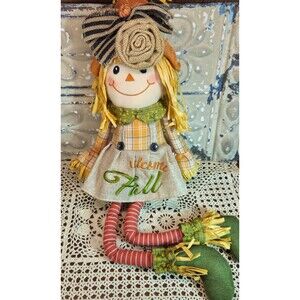 Adorable "Welcome Fall" Scarecrow Girl Shelf Sitter Autumn Fall
